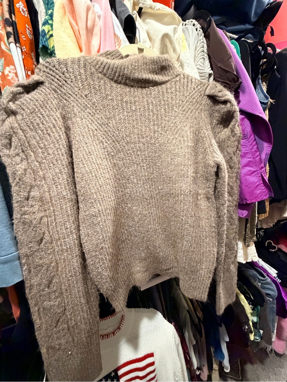 Cozy Taupe Cowl-Neck Cable Sleeve Sweater